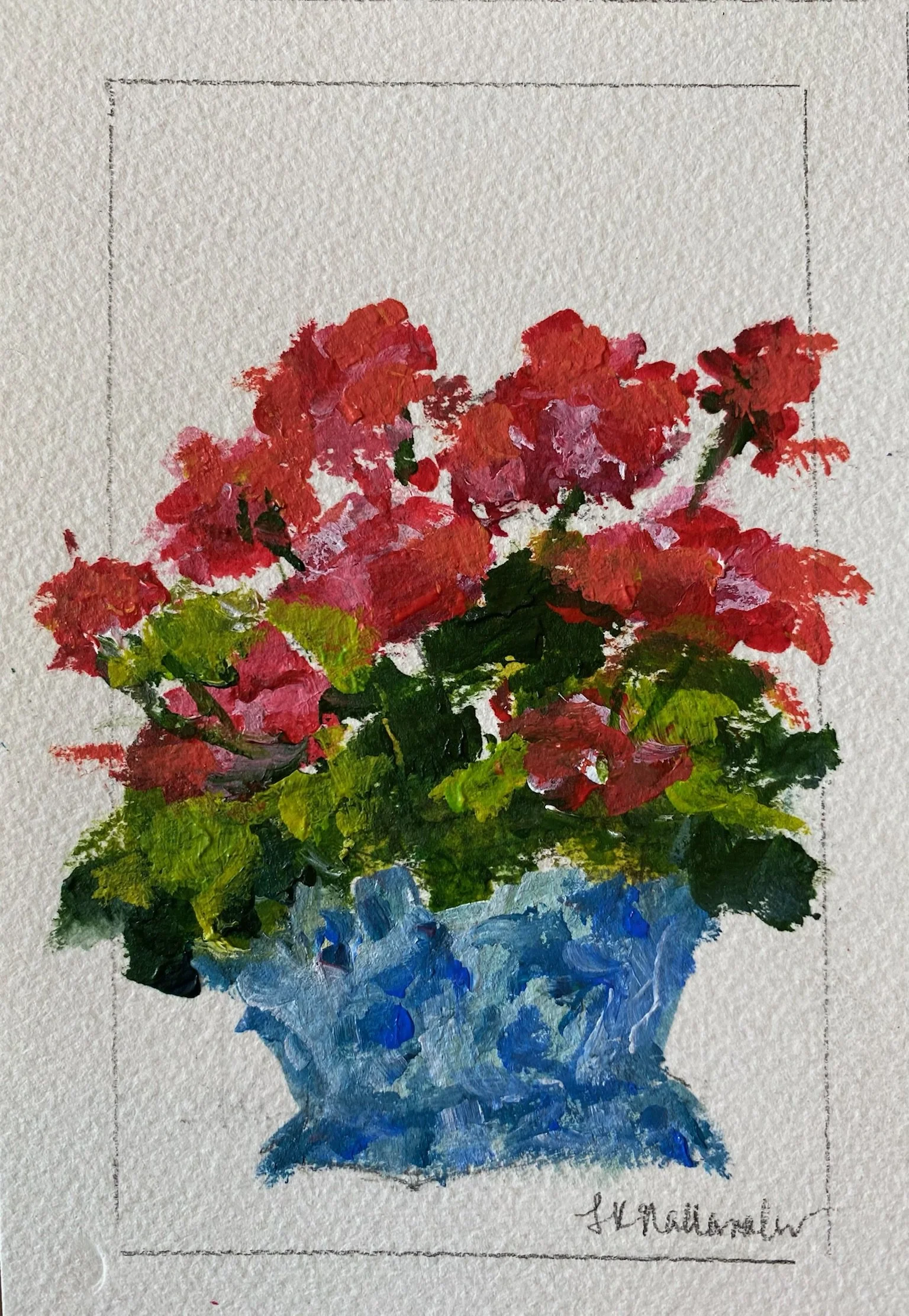 "Geraniums" 4x6 acrylic on paper in acrylic frame / Purchased