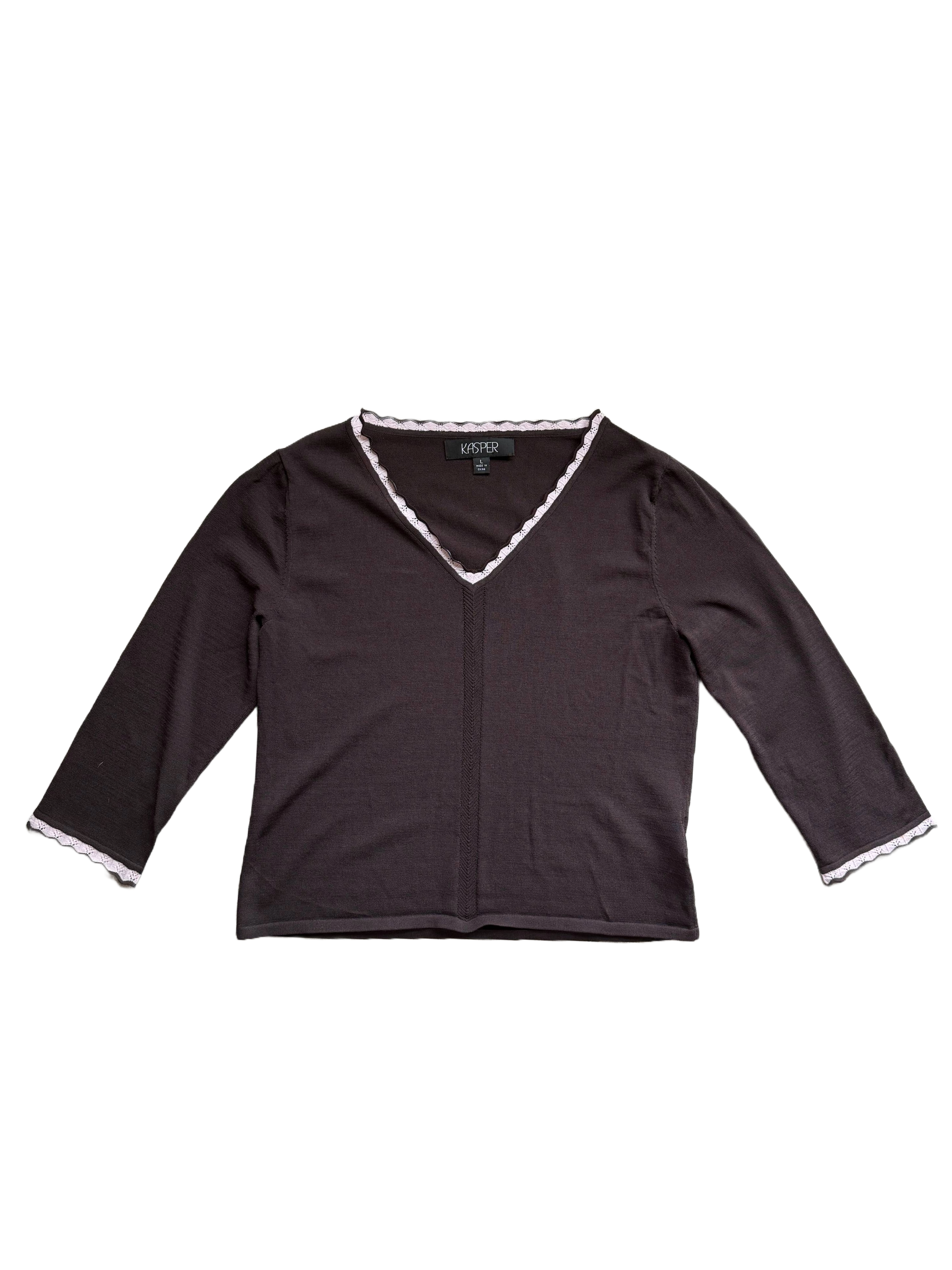 brown v-neck top with pink trim