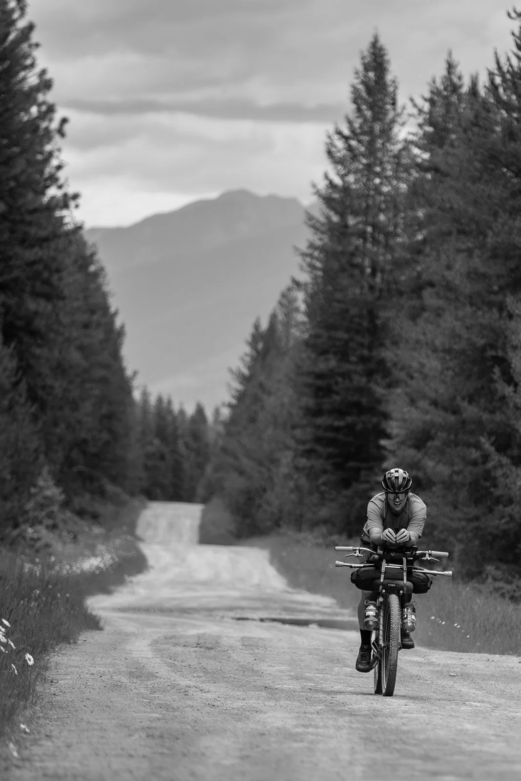 A person riding a mountain bike on a gravel trail surrounded by trees, with mountains in the background, under a cloudy sky.