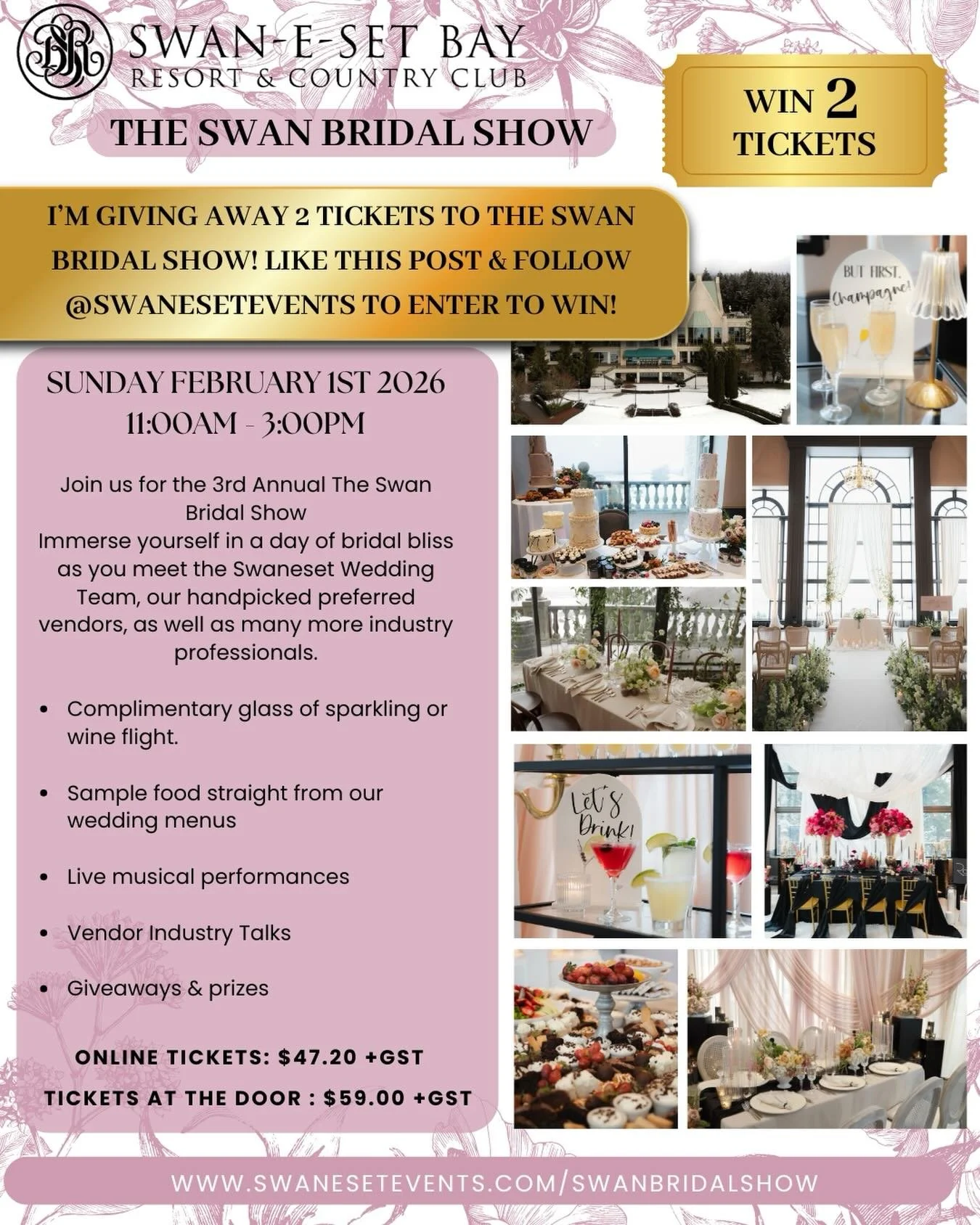 ✨ Calling all newly engaged couples! 💍✨

We&rsquo;re giving away 2 tickets to The Swan Bridal Show 2026 at the stunning Swaneset Bay Resort &amp; Country Club 🤍
The perfect day to meet amazing wedding vendors, sip bubbly, taste delicious bites, and