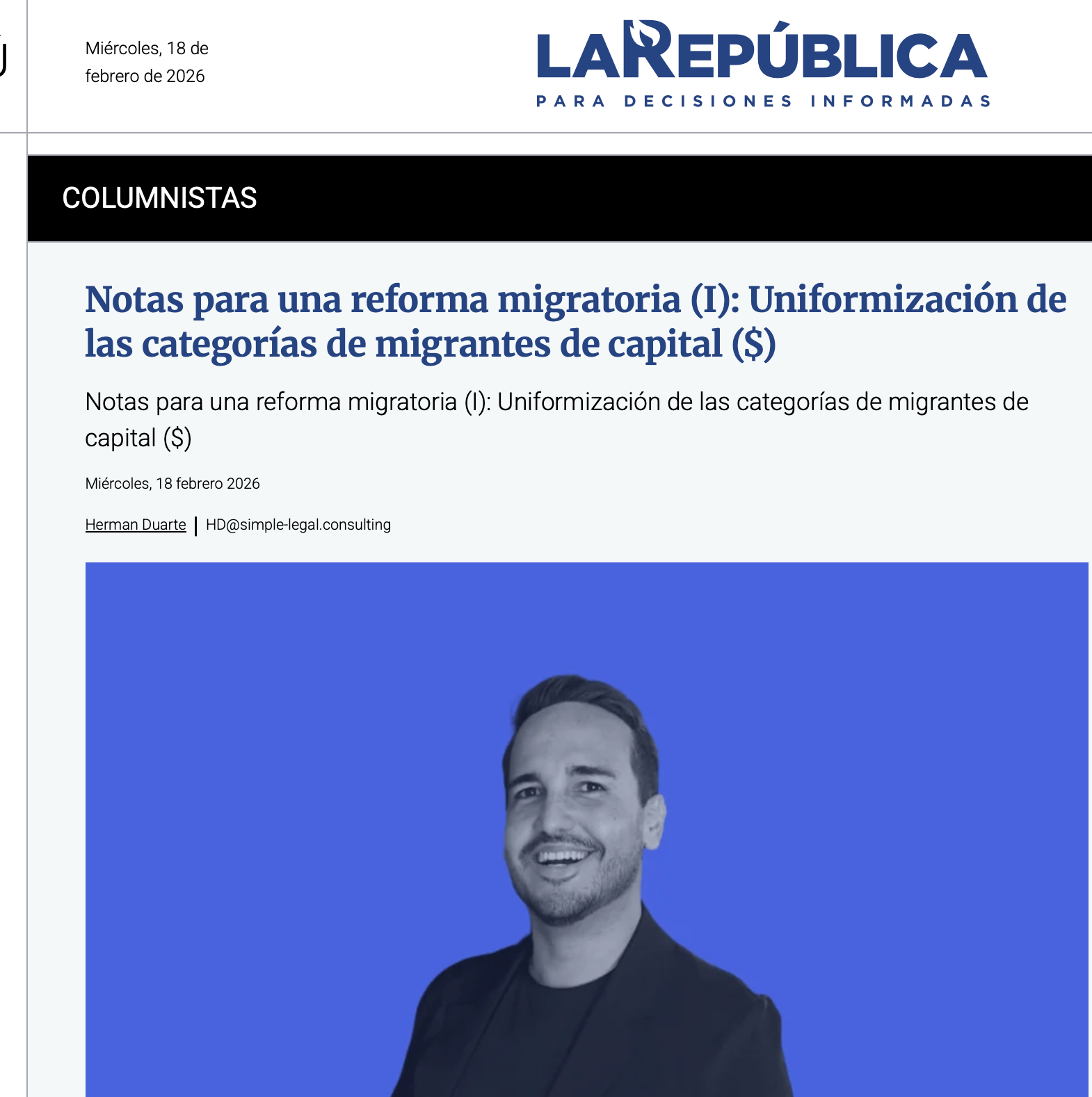 Artículo de Herman Duarte con reformas migratorias para las categorías de migrantes de capital
