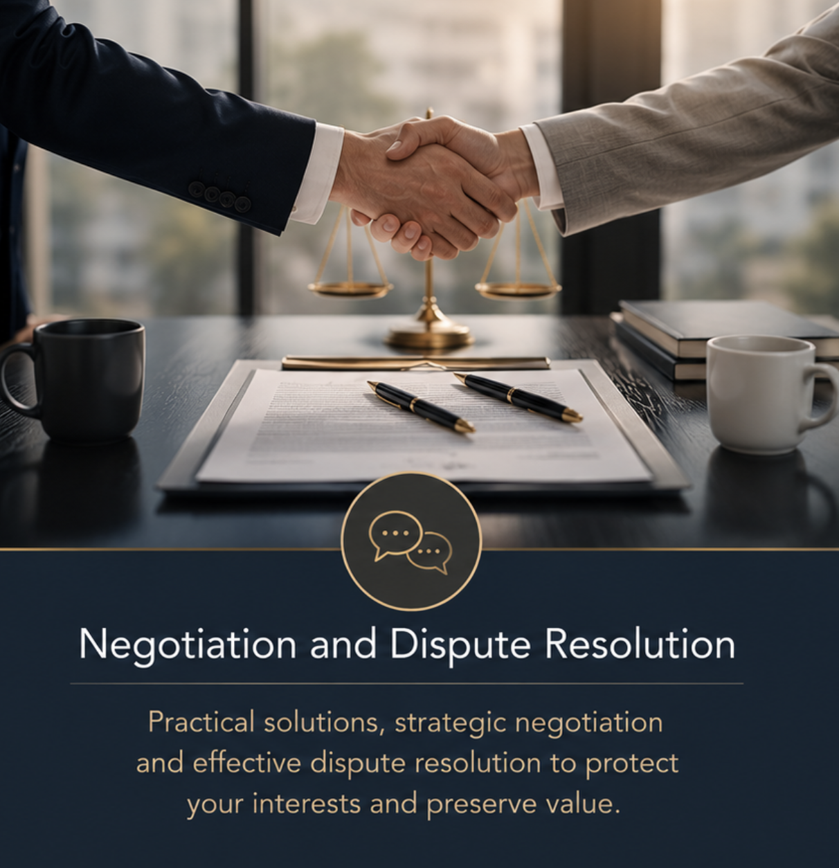 Two individuals in business attire shaking hands across a table in a professional office setting, with legal and negotiation items such as pens, documents, books, coffee mugs, and a balance scale visible, emphasizing negotiation and dispute resolution.