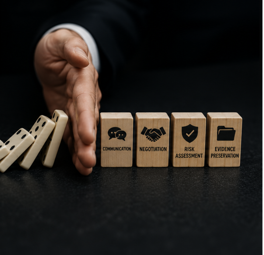 A person in a suit moving dominoes away from wooden blocks labeled 'Communication,' 'Negotiation,' 'Risk Assessment,' and 'Evidence Preservation,' with dice stacked in front.