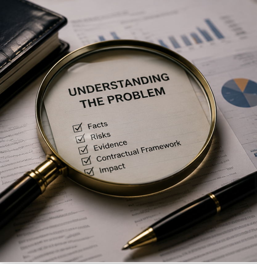 A paper titled "Understanding the Problem" with checkmarks next to facts, risks, evidence, contractual framework, and impact, viewed under a magnifying glass on a desk with documents and a pen.