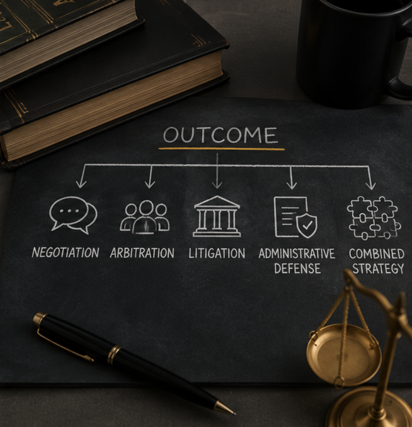 Flowchart on a black chalkboard showing legal outcome categories: negotiation, arbitration, litigation, administrative defense, and combined strategy, with icons and labels.