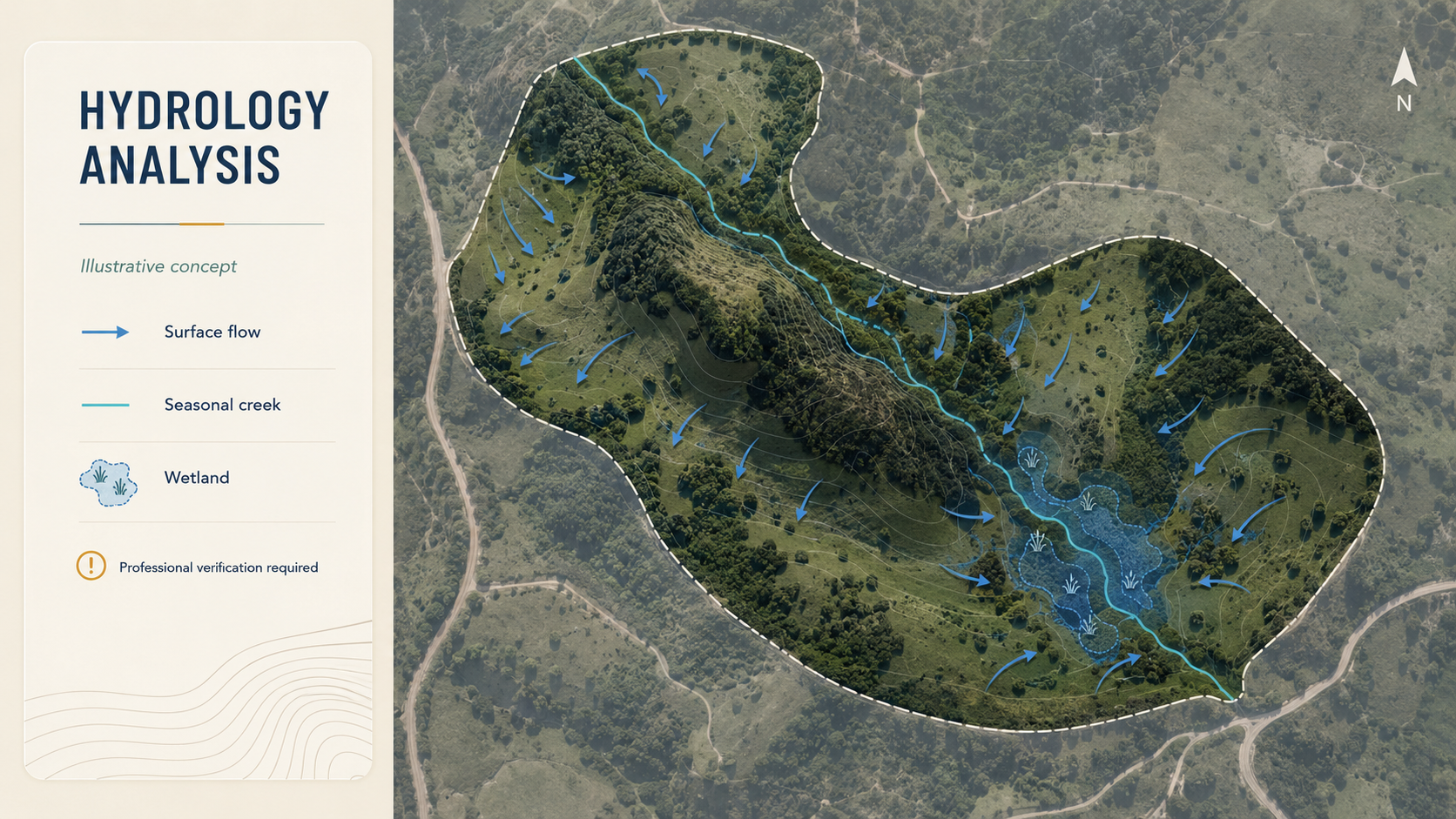 Reading Water and Natural Systems.
Watercourses, runoff patterns, springs, drainage and other natural features may determine where further environmental or legal verification is required. Their relationship with access and potential development areas