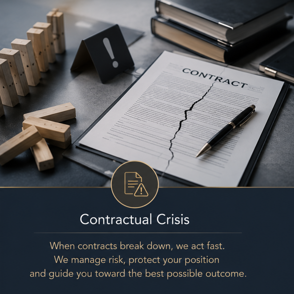 A legal document titled 'Contract' with a large crack running through the middle, placed on a clipboard. Surrounding it are stacked books, wooden blocks, a black warning sign with an exclamation mark, and a pen. The overlay caption reads 'Contractual Crisis' with a message about acting quickly during contract breakdowns.