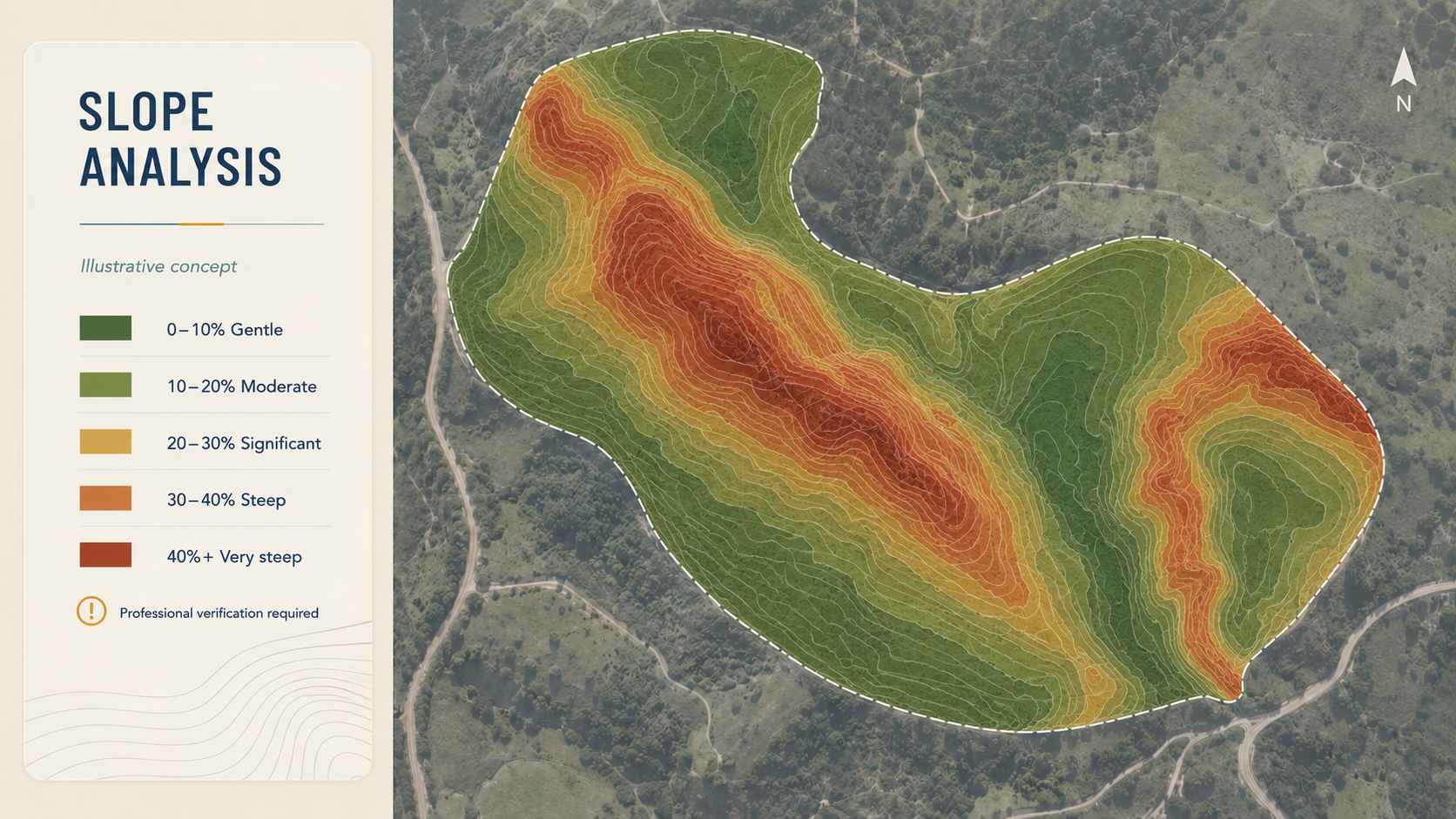 Understanding Slopes and Terrain.
Slope analysis helps organize questions concerning circulation, grading, drainage, accessibility, structural cost and possible development zones. It does not replace geological or geotechnical analysis, but it helps 