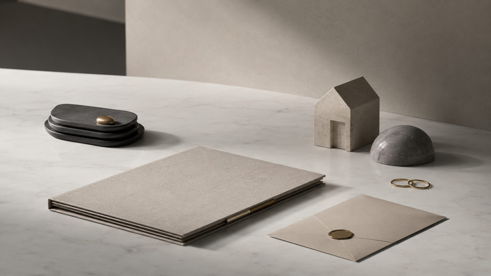 Minimalist flat lay of stacked dark gray stones, a small house-shaped sculpture, a gray stone half-sphere, a pair of gold rings, a beige envelope with a wax seal, some beige papers, and a black and gold pebble on a white marble surface with a neutral background.