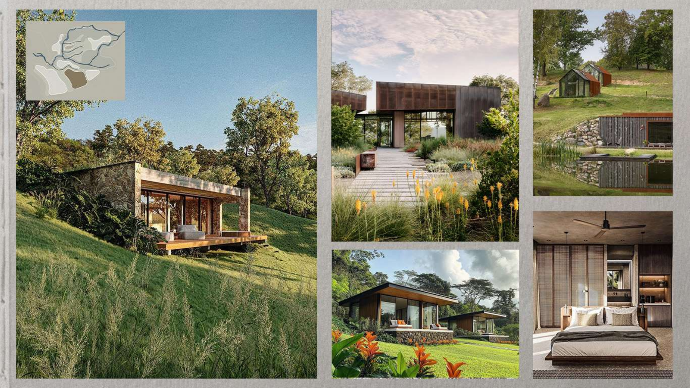 Establishing a Preliminary Visual Direction.
Visual references help communicate the possible relationship among terrain, landscape, buildings, materials and user experience. They establish a conversation for later design work; they are not a promise 
