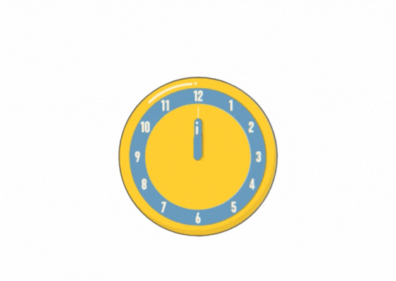 Animated clock showing 12 o'clock with a yellow and blue design.
