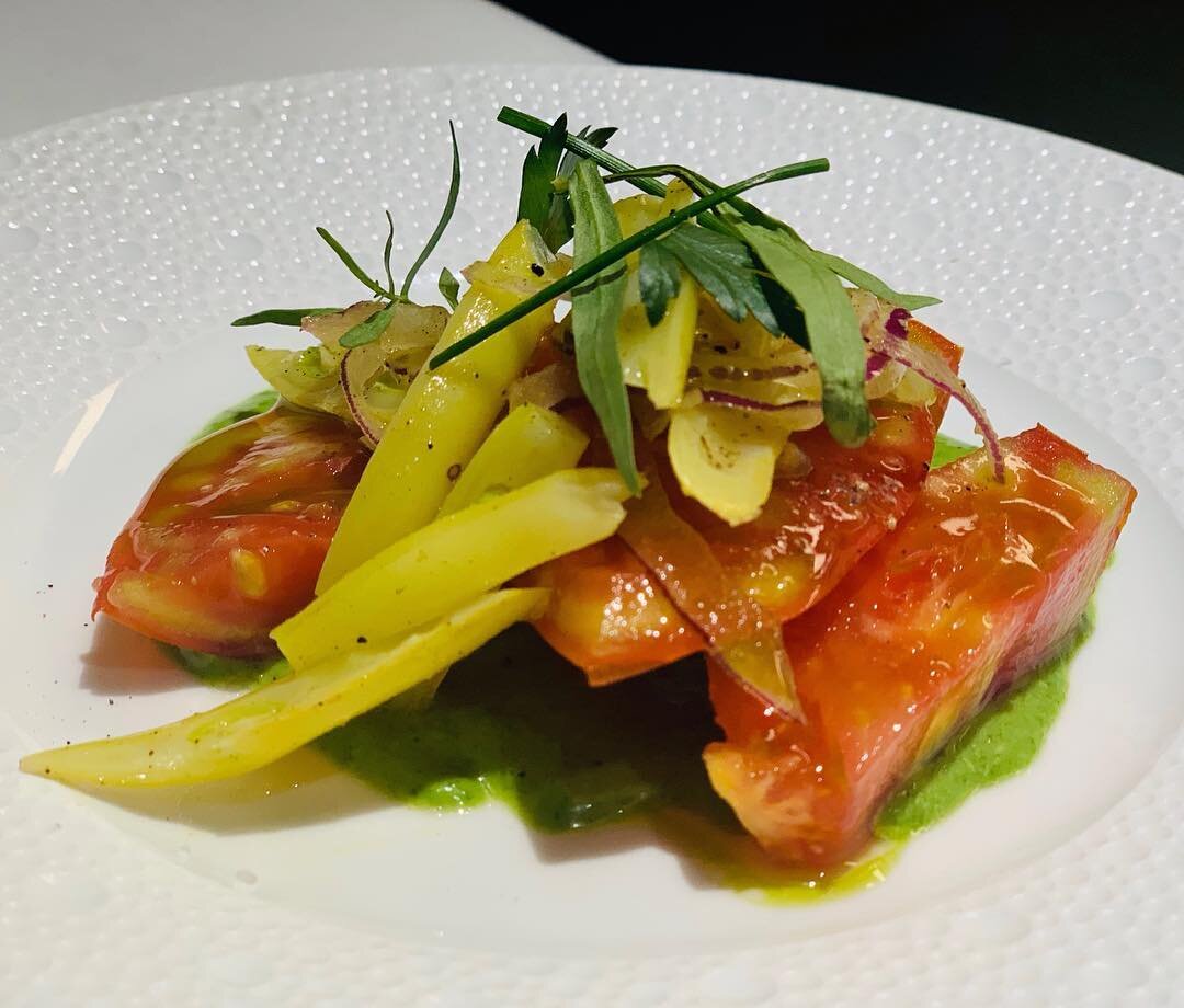 Summer Salad of heirloom tomatoes, local yellow beans &amp; green goddess. Bon Appetite 🍅