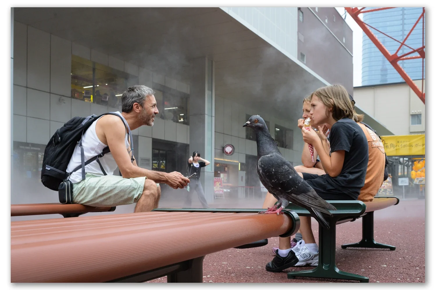 ice cream and a pigeon on a hot day in Tokyo