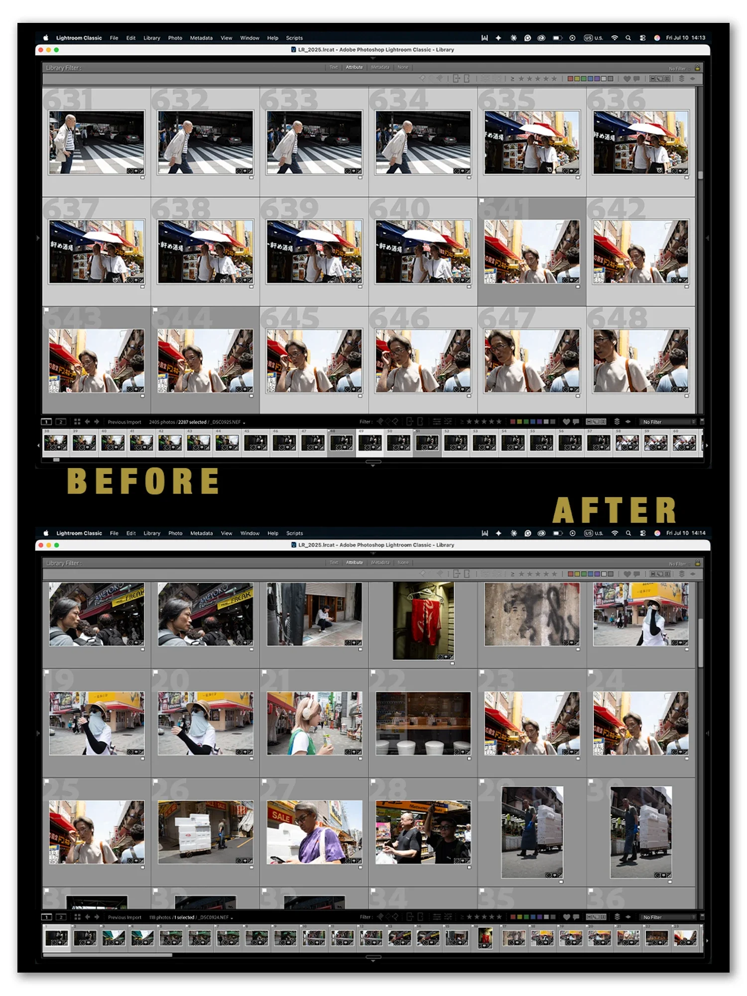 Culled images before and after of Tokyo street photography