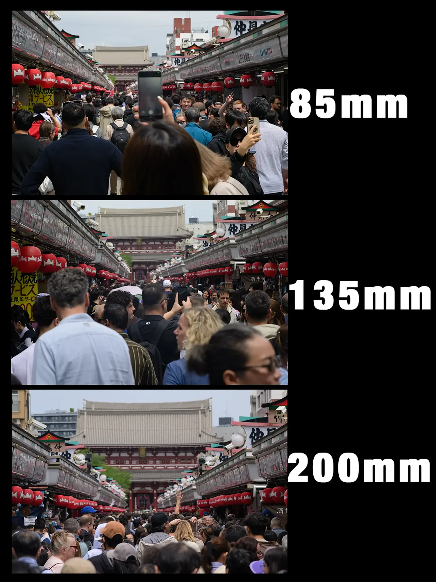 85mm-135mm-200mm view of Senso-ji