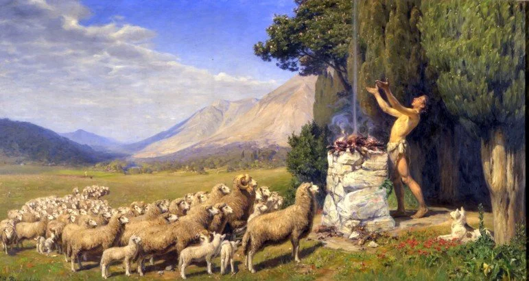Abel's Offer, a 1908 painting by H A Brendekilde depicting Abel from the Old Testament of the Bible, sending his offering by burning a lamb. He is surrounded by his flock of sheep. The sheepdog lies near Abel's feet.