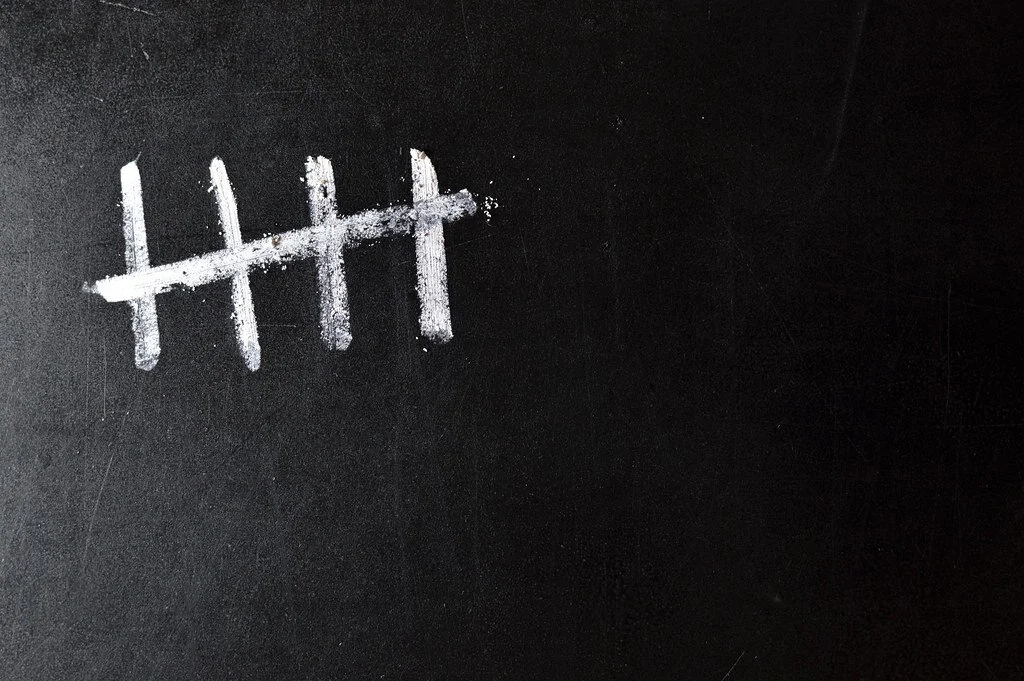 Blackboard with numbers written in chalk depicting 5 by 4 vertical strokes and a fifth stroke across them diagonally.