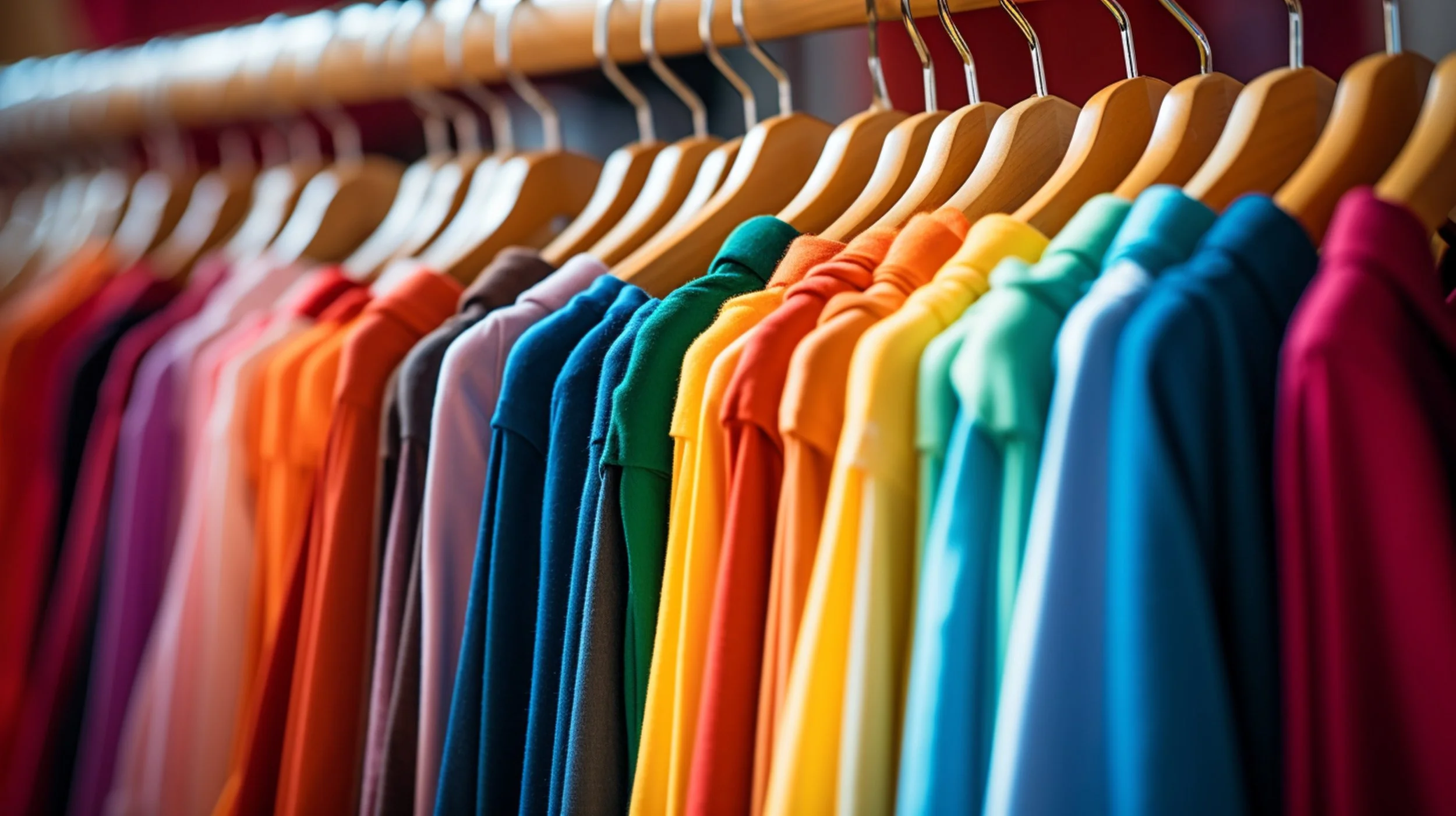 Colourful shirts hang on a rack.