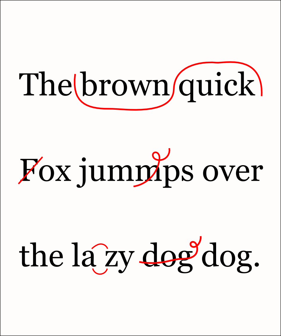 Black text on white background shows examples of proofreading markup symbols in red. The text reads The brown quick fox jumps over the lazy dog, with errors throughout.