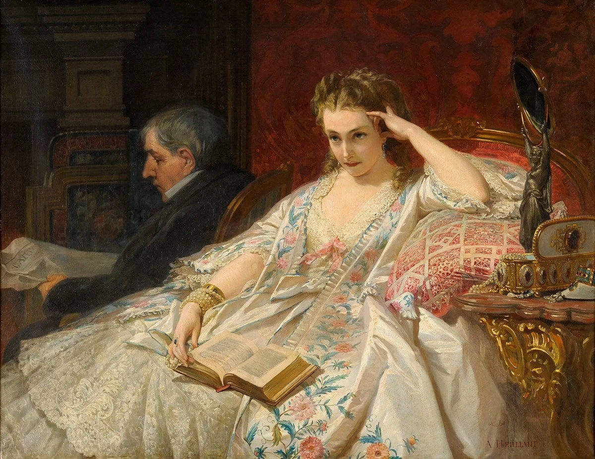 A painting titled In Gedanken by artist Félix Armand Heullant (1834–1905) depicting a wealthy young woman lounging in a chaise longue with an open book on her lap. Beside her in the background is an older man, perhaps her father, reading a newspaper.