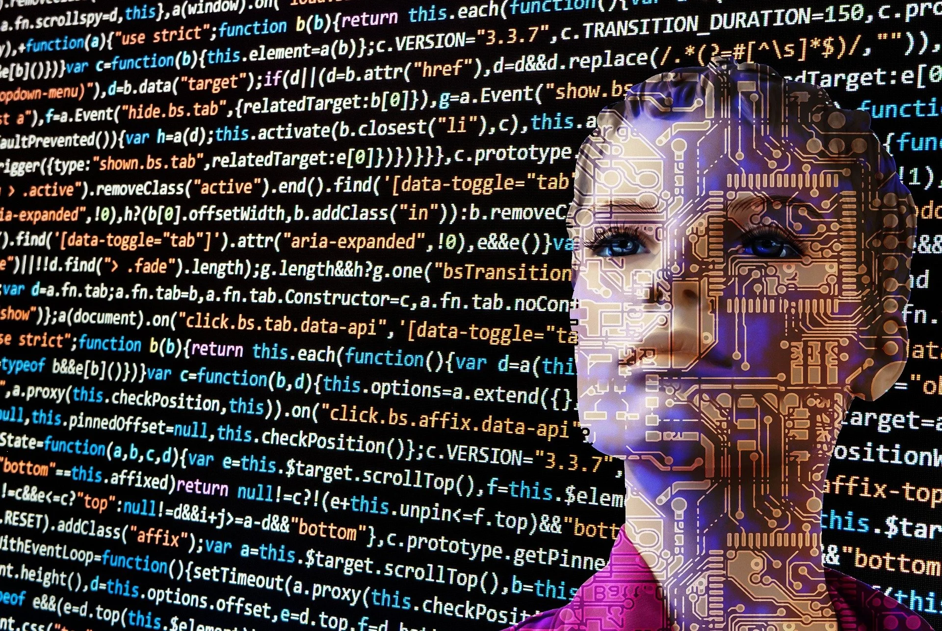 A robot woman's face is overlaid with a computer depicting coding covering the screen.