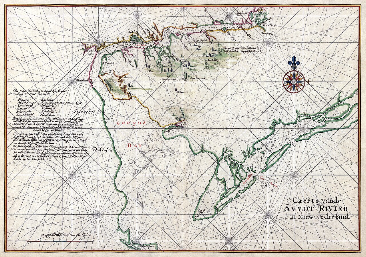 A map from 1629 charts shipping routes and what is modern-day Delaware Bay on the east coast of the USA.