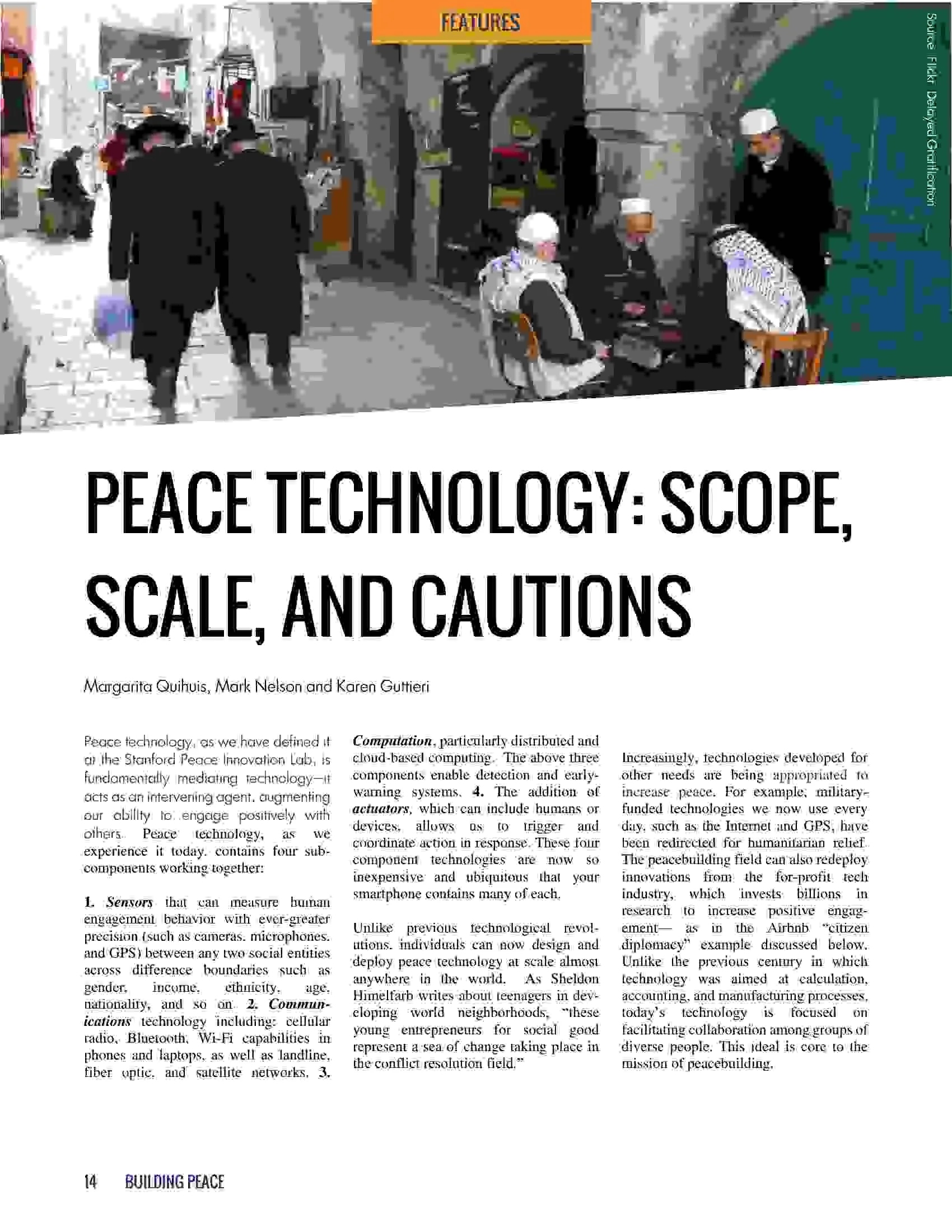Thumbnail for “Peace Technology: Scope, Scale, and Cautions,” a 2015 Building Peace article by Margarita Quihuis, Mark Nelson, and Karen Guttieri.