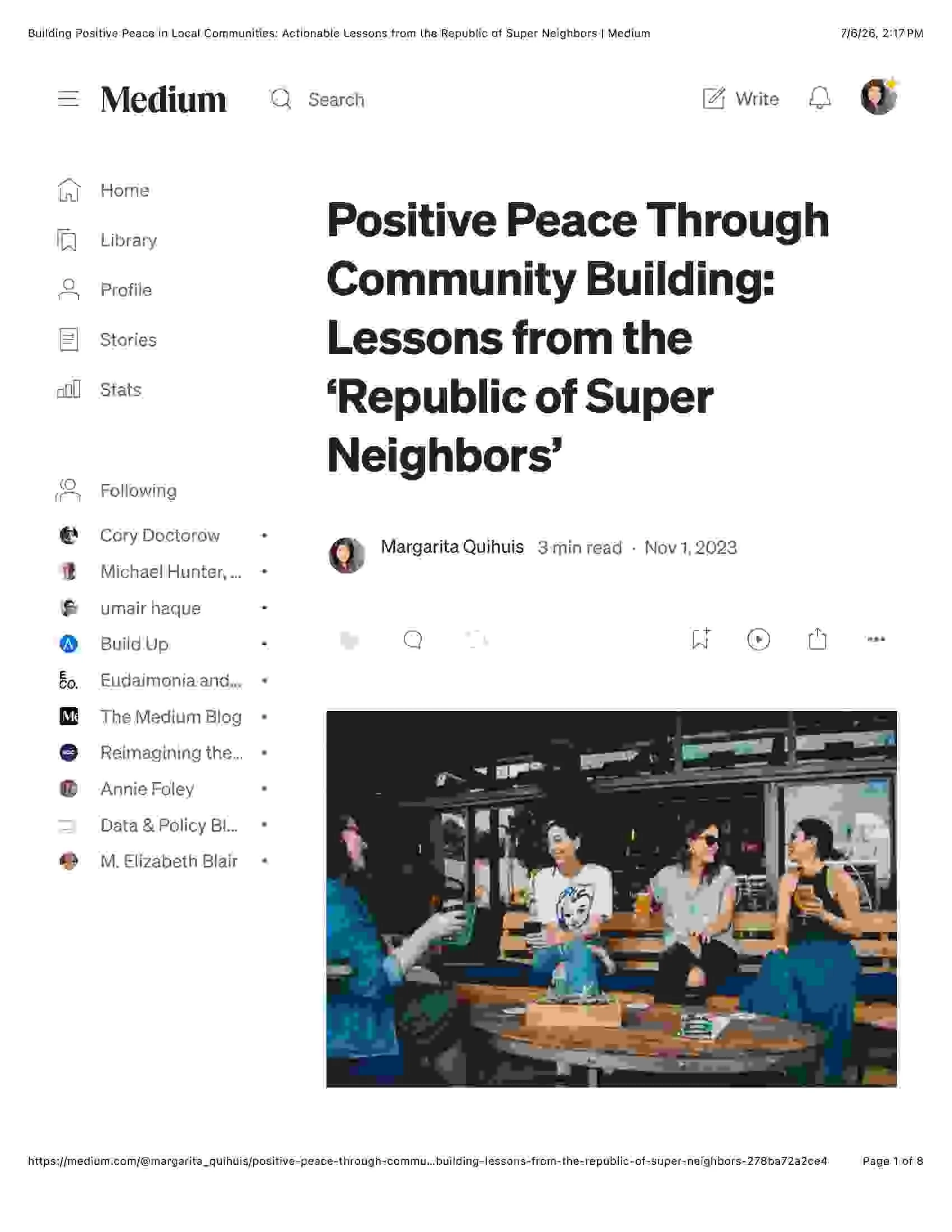 Thumbnail for “Positive Peace Through Community Building: Lessons from the Republic of Super Neighbors,” a 2023 essay by Margarita Quihuis.