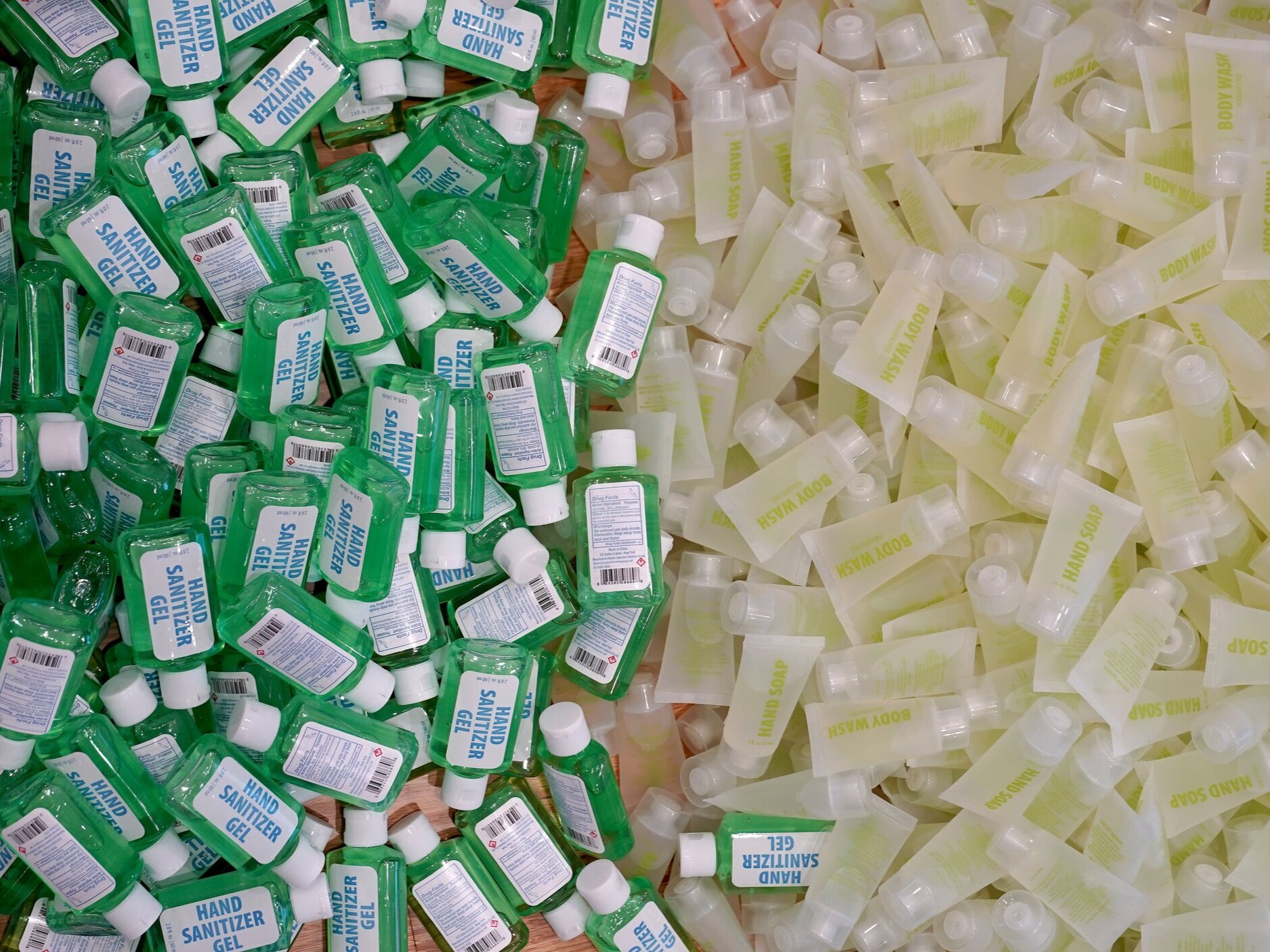  Among many other components, we packed 900 bottles of soap with 200 bottles of sanitizers. Photograph by  Martin Nobida, English Teacher , 2020. 