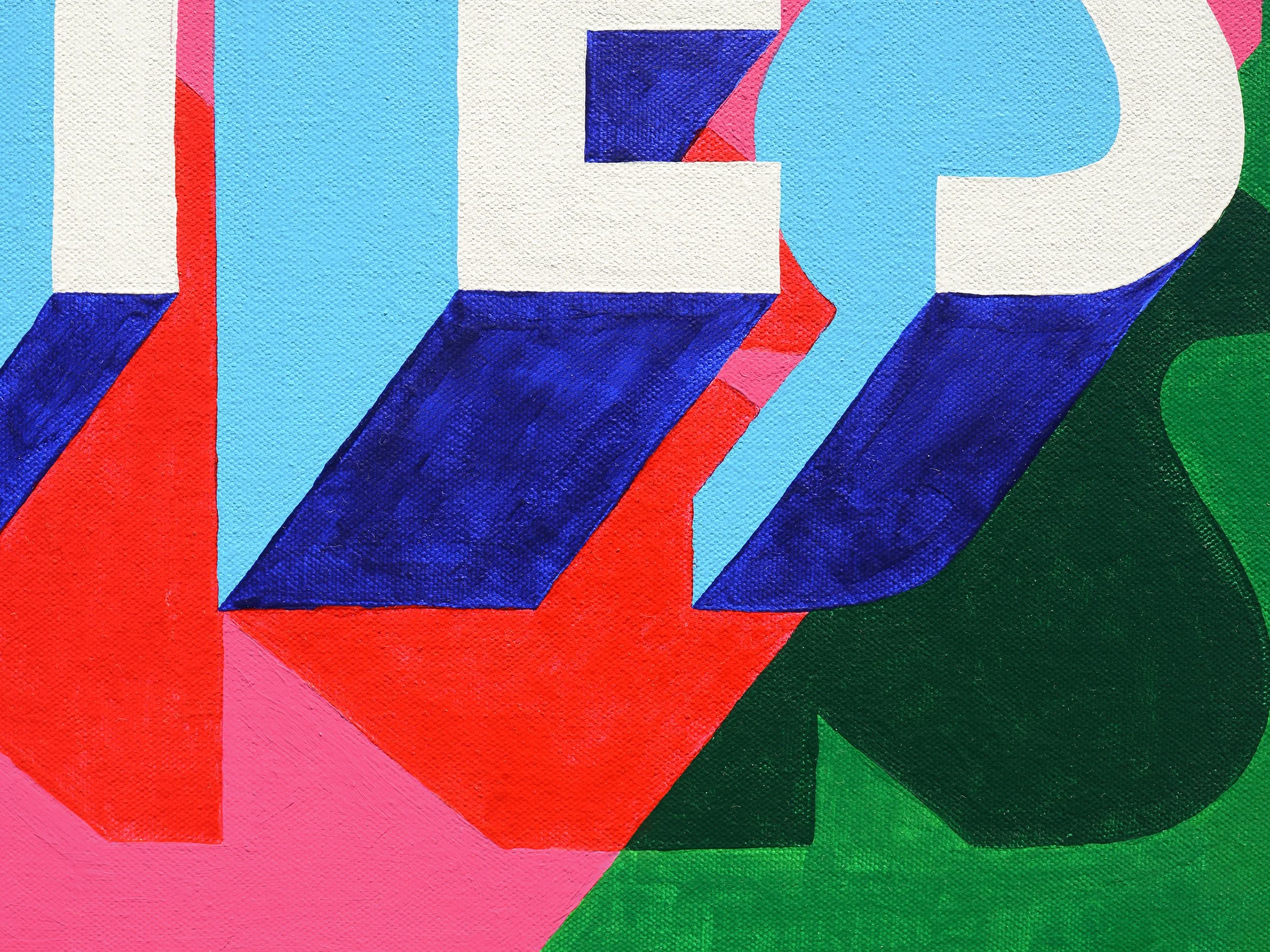 Detail of the “YES” painting showing red, blue, and pink geometric shadows beneath the white and blue letters.