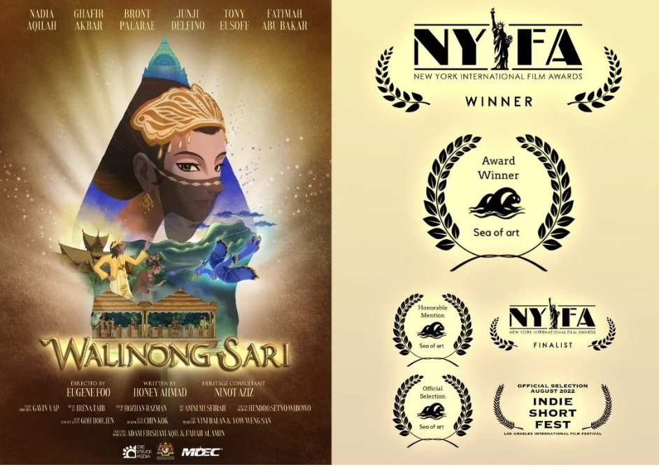 Poster for the film 'Walong Sari' directed by Eugene Foo, featuring a large illustration of a woman with traditional Southeast Asian attire and attributes, a boat, people, birds, and a temple scene, with accolades and awards from the New York International Film Awards on the right side.
