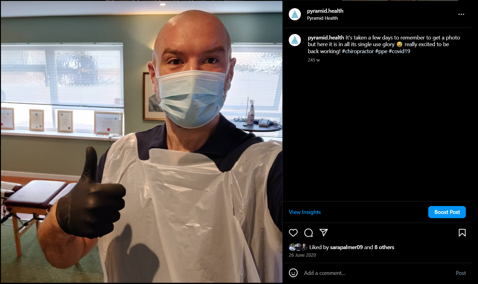 Instagram post from June 2020 showing Chiropractor Mike working in Withycombe Rugby Club