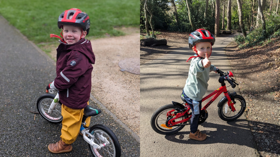 Two images of Kitto Jones riding his bike