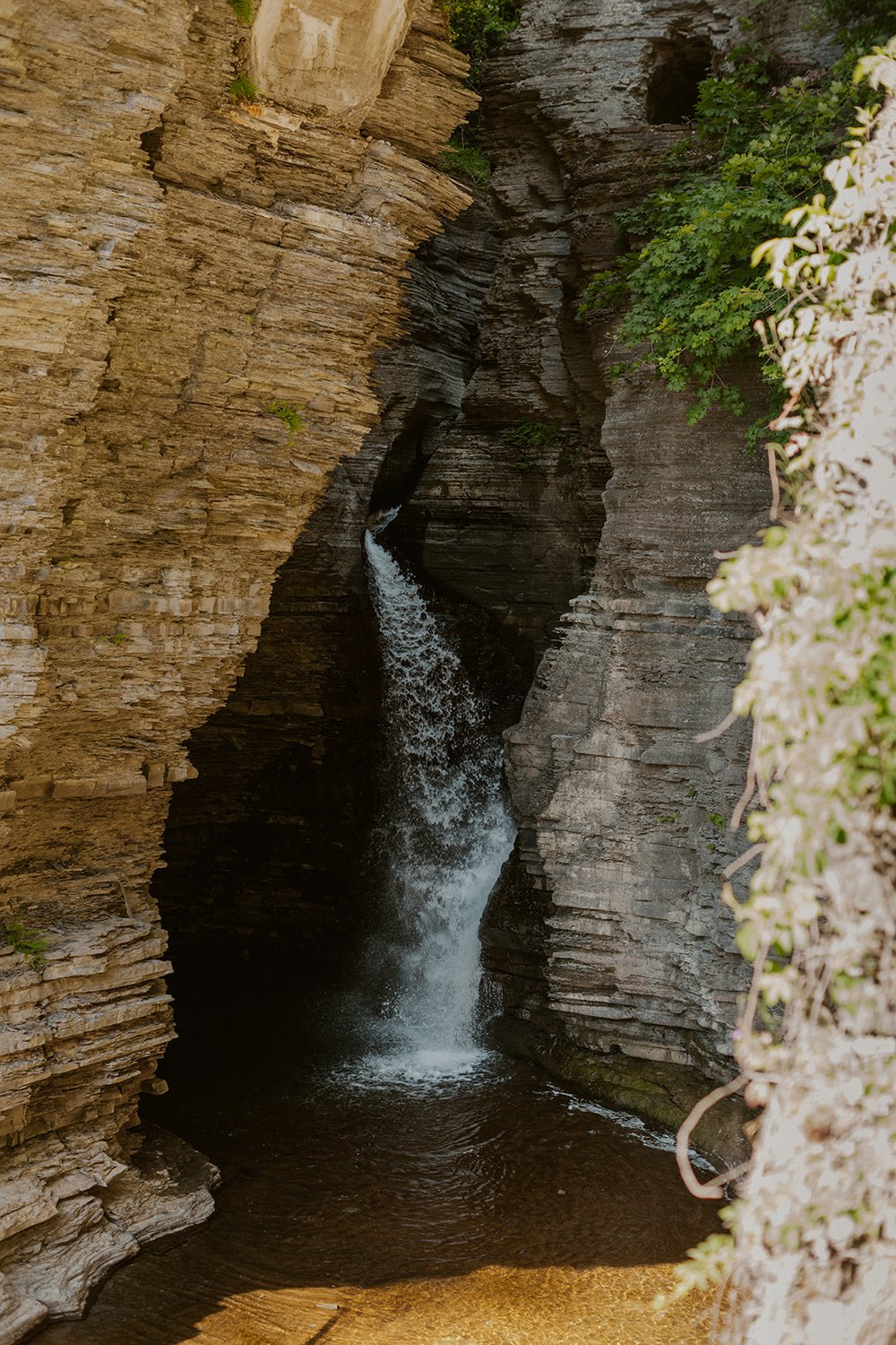 Water flowing into the stream from the waterfall at Watkins Glen State Park.