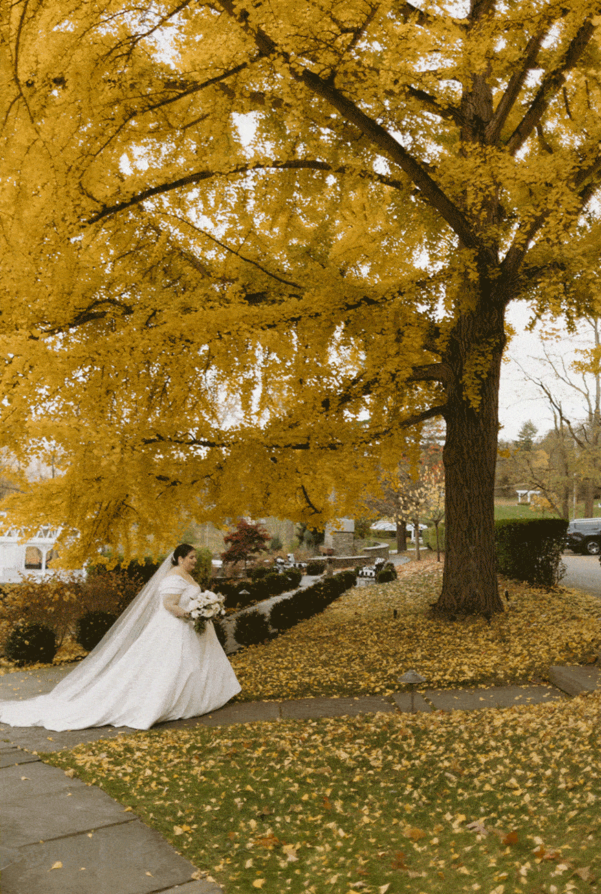 Bride walks the path with the fall foliage surrounding her. 