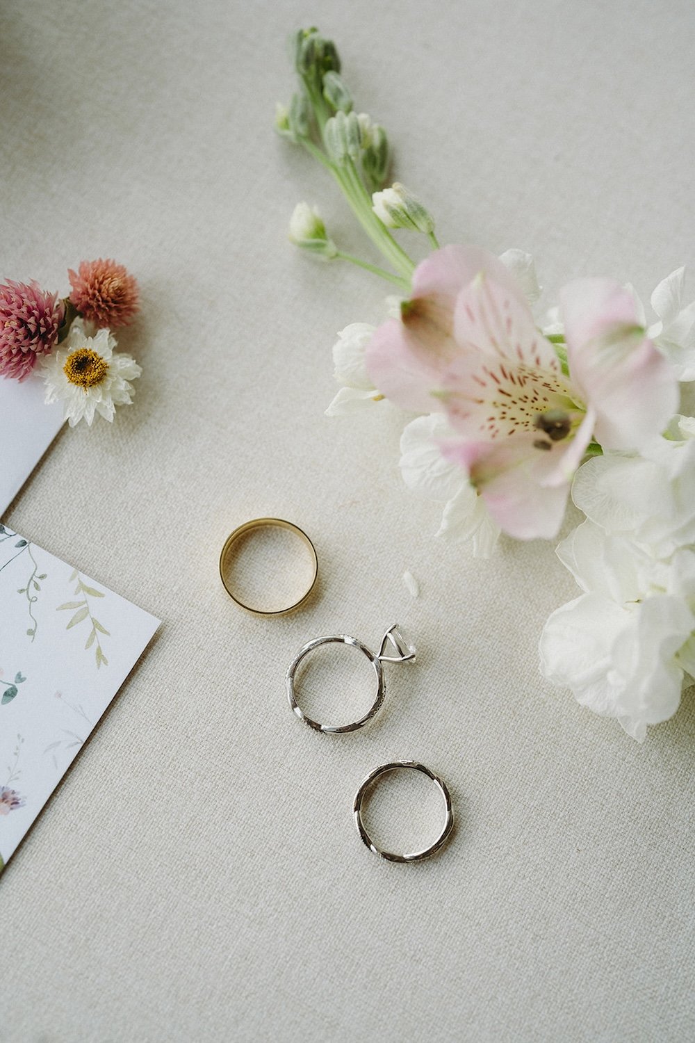 Detail photo of the wedding couple's rings and florals. 