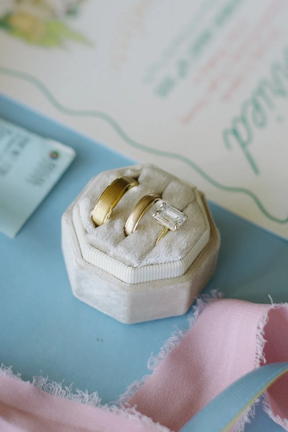 Detail photo of the bride and grooms wedding bands. 