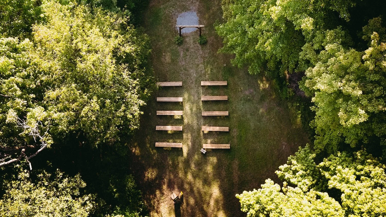 Drone view of the wedding ceremony seating. 