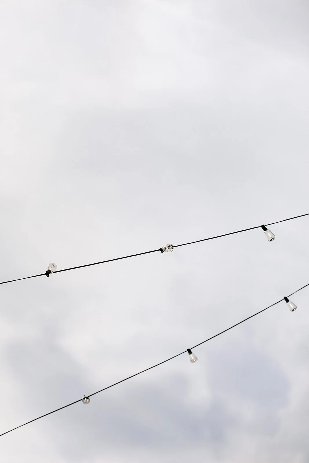 Outdoor lights hang over the patio in preparation for evening festivities. 