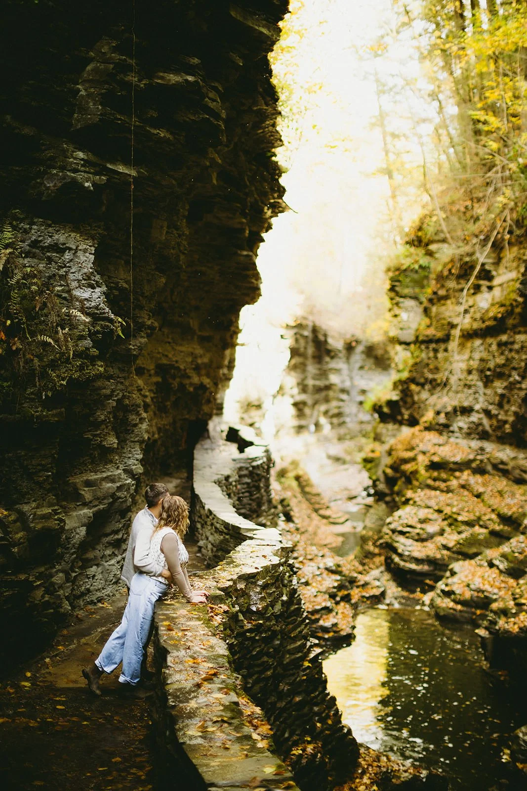 The couple stand close together looking over the ledge into the gorge. 