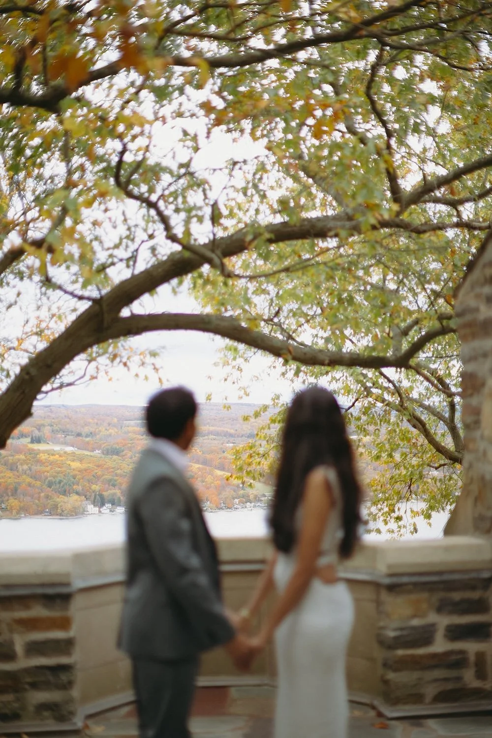 Blurred photo of the couple admiring the view of the lake standing hand in hand. 