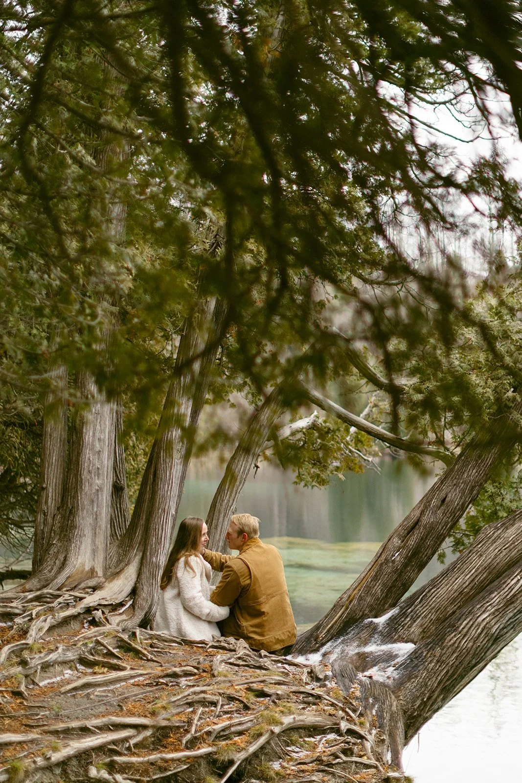A couple sits close together on tree roots by a lakeshore, surrounded by tall trees and greenery.