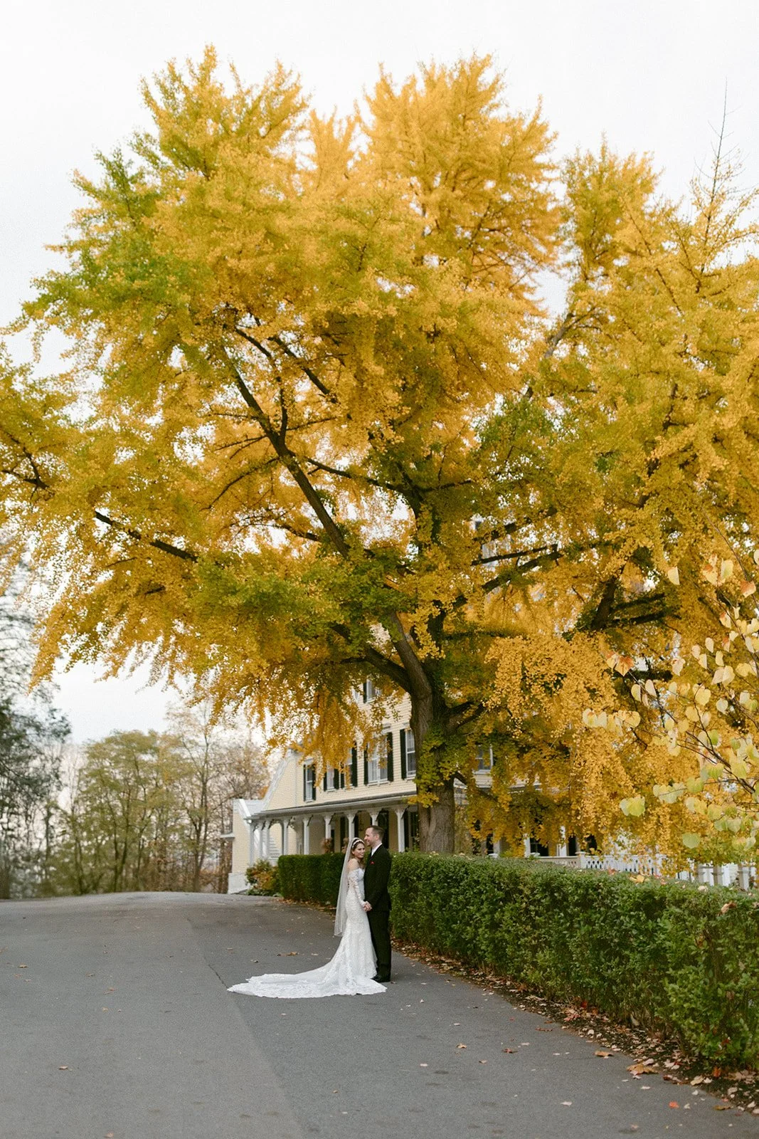 A bride and groom stand together on a walkway surrounded by autumn trees, with colorful leaves on the ground and a stone wall nearby.