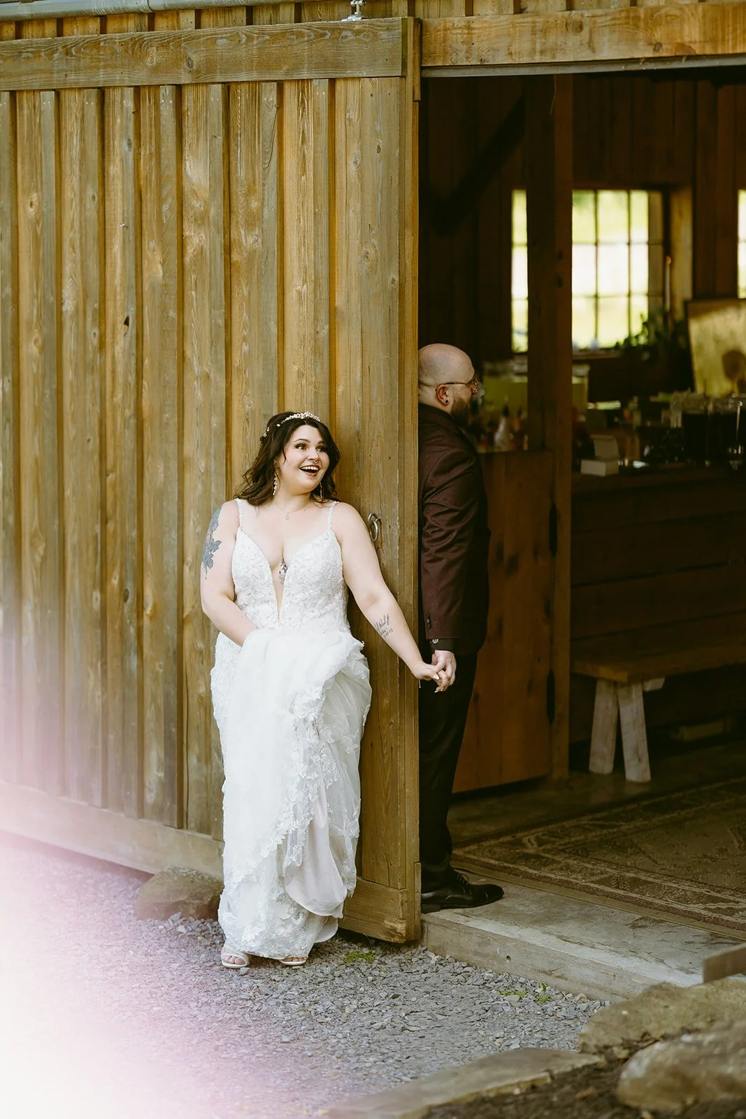 A man and a woman having first touch before their wedding