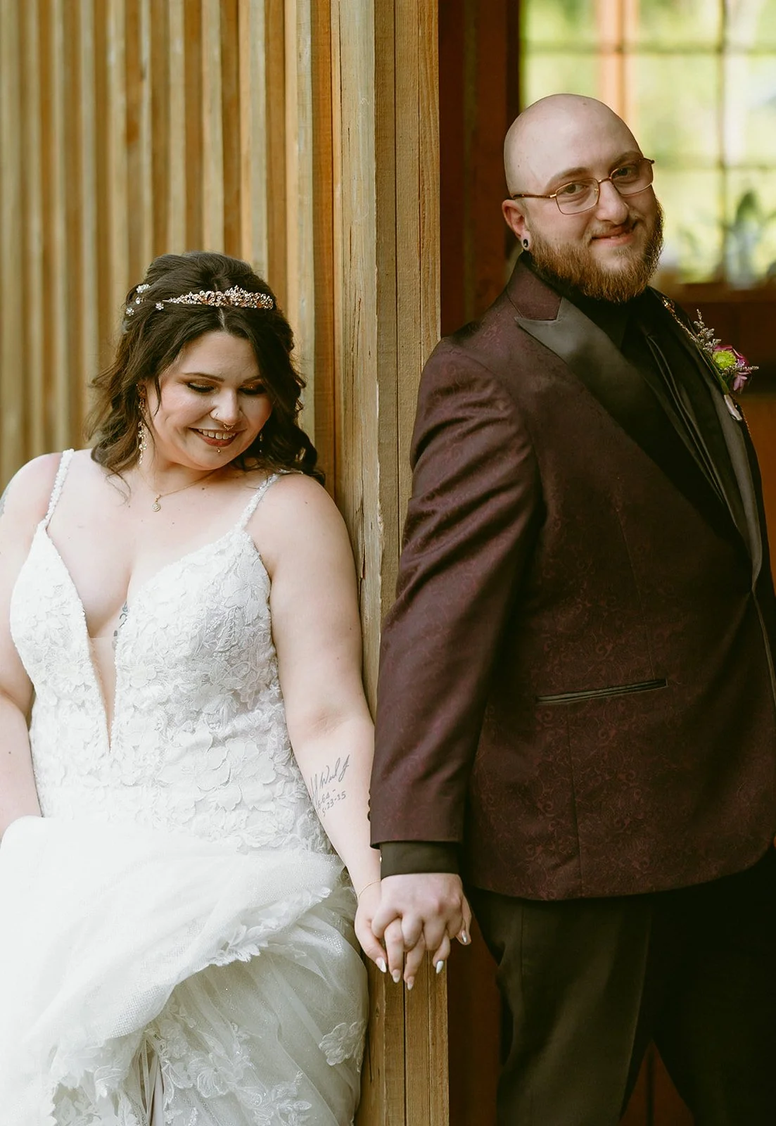 A man and a woman having first touch before their wedding