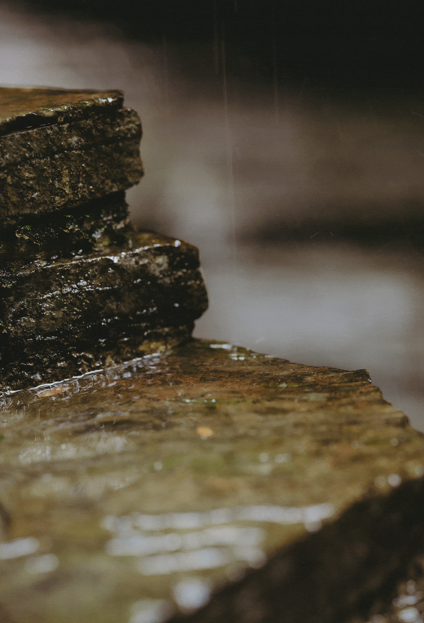 Close-up of layered, wet stone slabs with water gently dripping onto the surface, creating ripples and a reflective, slick texture.