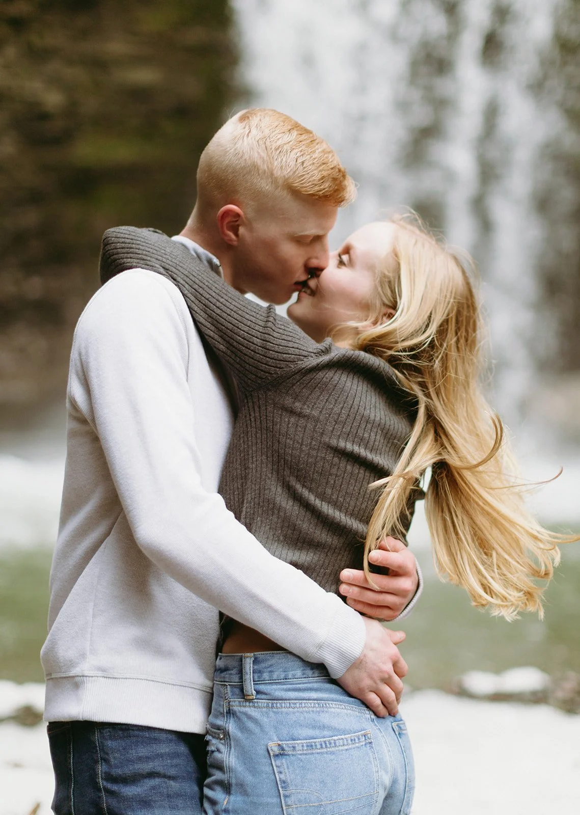 Winter engagement photos by waterfalls in Upstate NY at Havana Glen Park in Montour Falls, New York