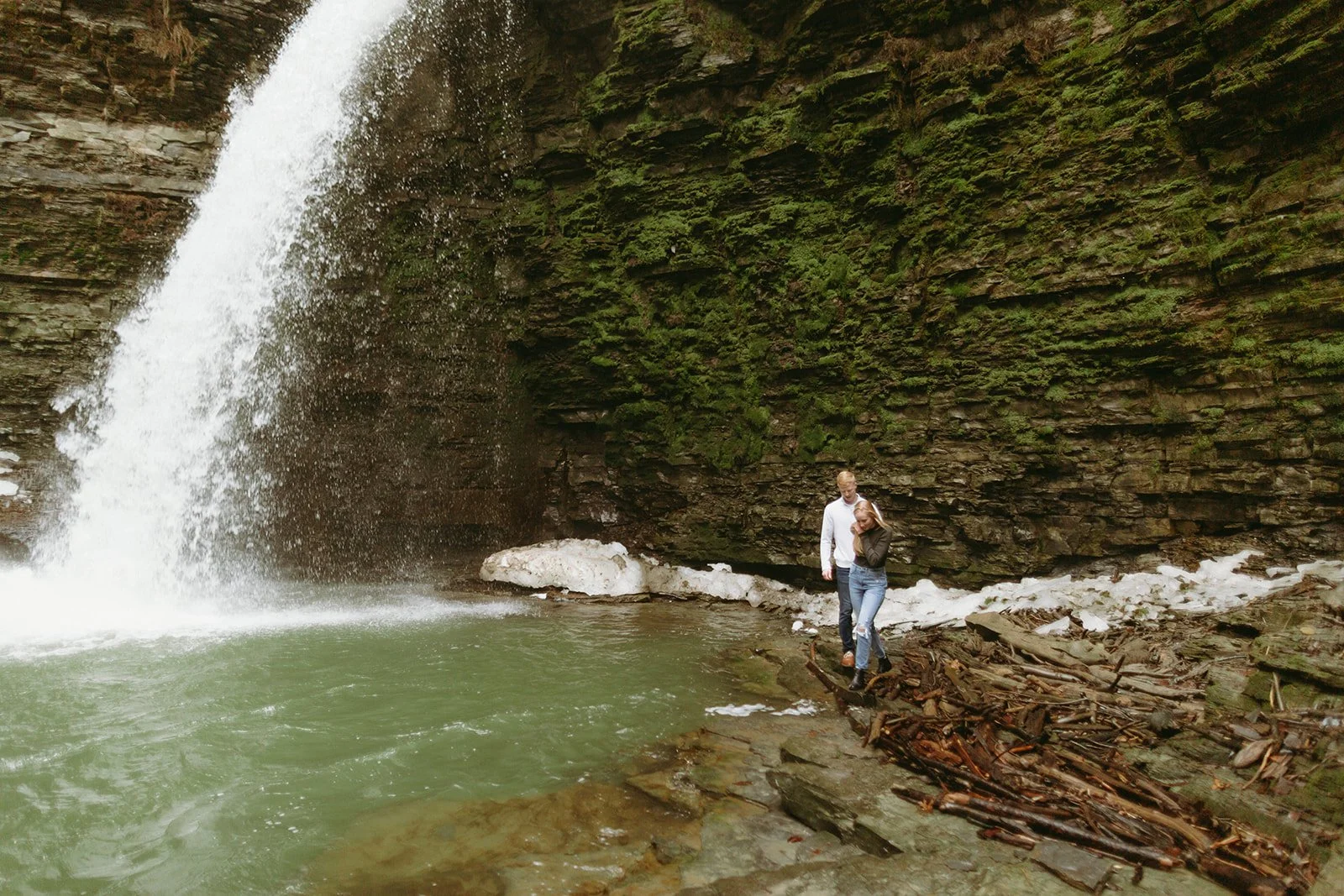 Winter engagement photos by waterfalls in Upstate NY at Havana Glen Park in Montour Falls, New York