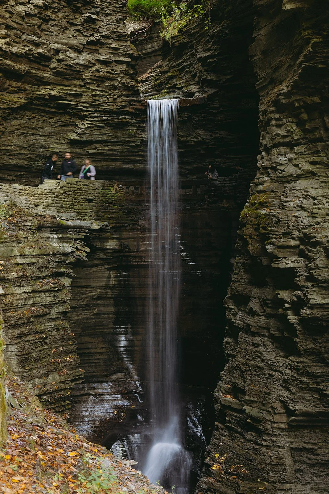 Couple overlooking a waterfall and rocky gorge at Watkins Glen State Park in Upstate New York