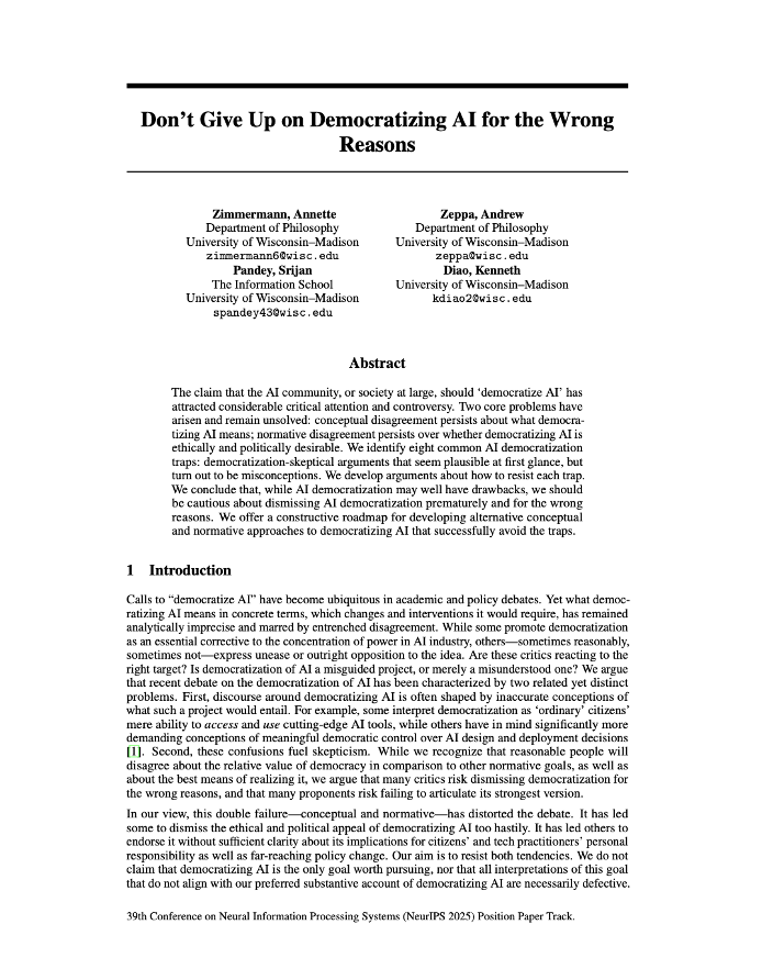 Annette Zimmermann Andrew Zeppa Srijan Pande Kenneth Diao Democratizing AI Neurips 2025